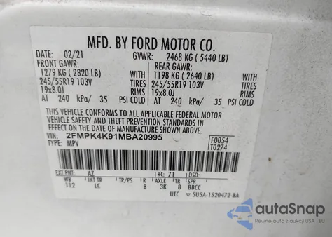 2021 Ford Edge Titanium z USA, uszkodzony, nr VIN 2FMPK4K91MBA20995